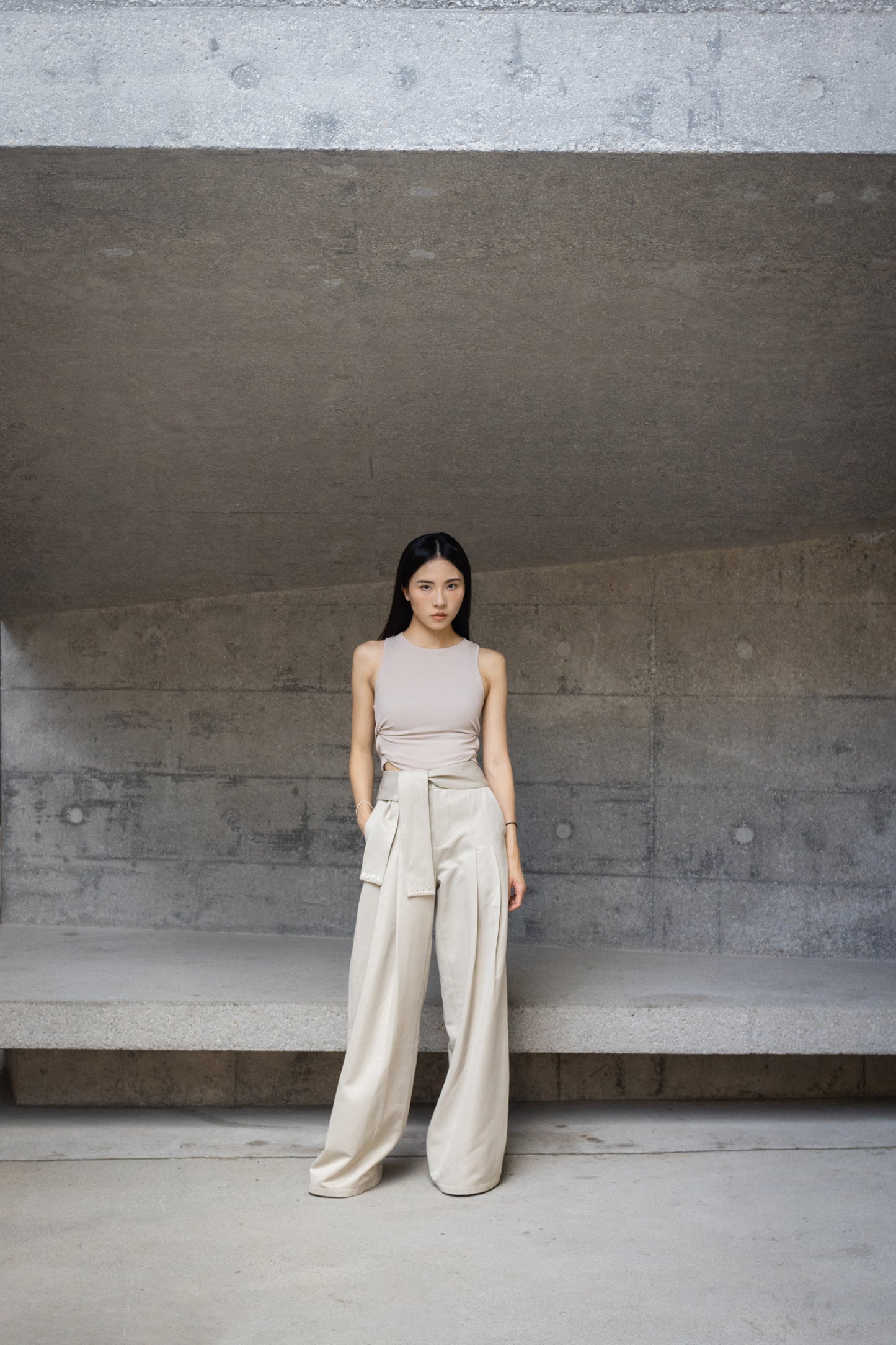 Khaki wide leg pants with belts