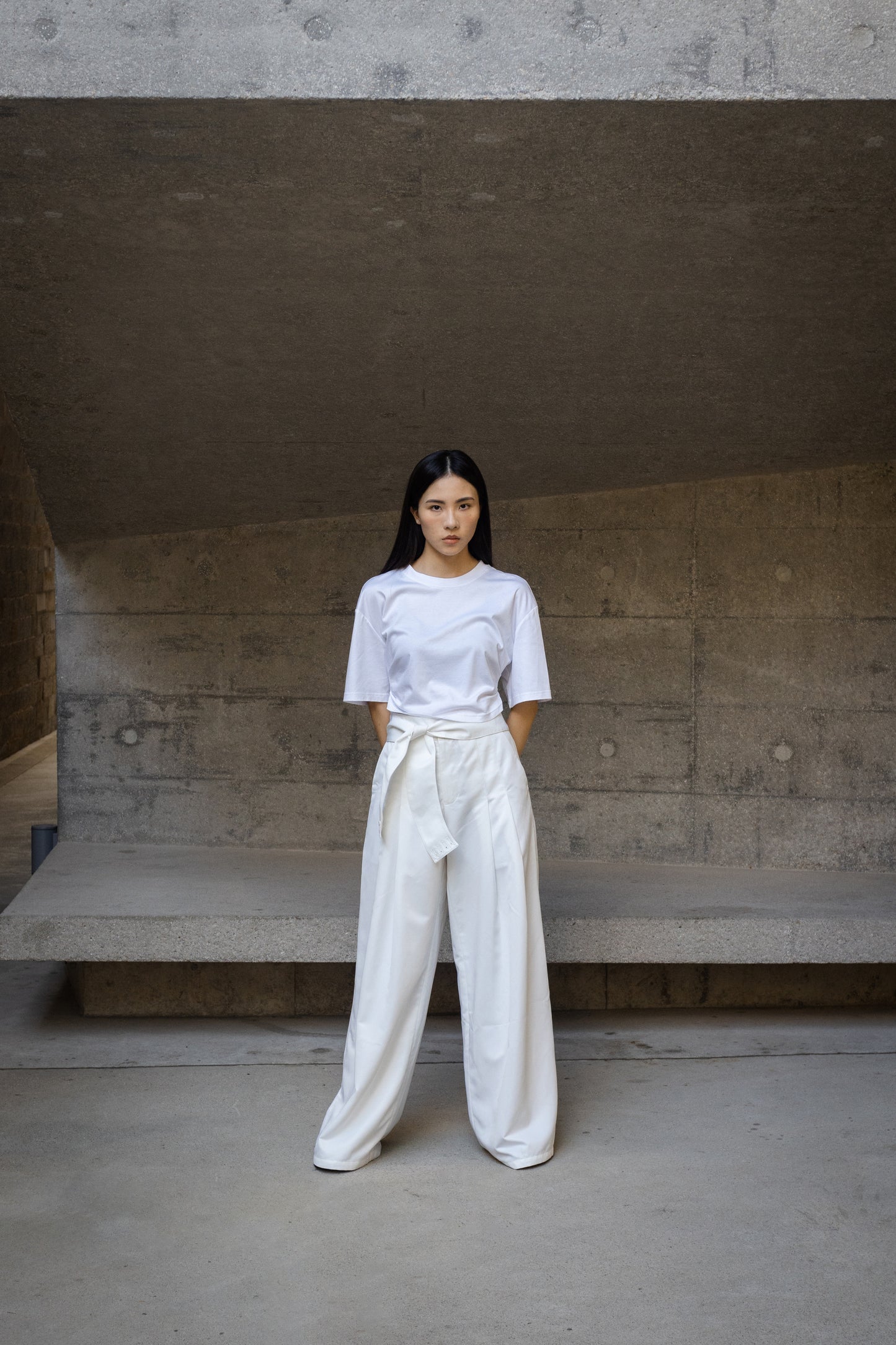 White wide leg pants with belts