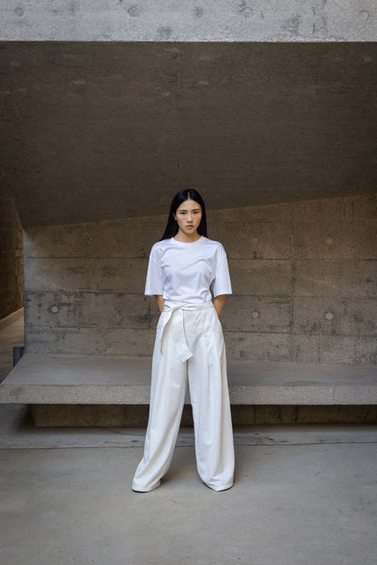 White wide leg pants with belts