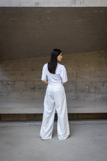 White wide leg pants with belts