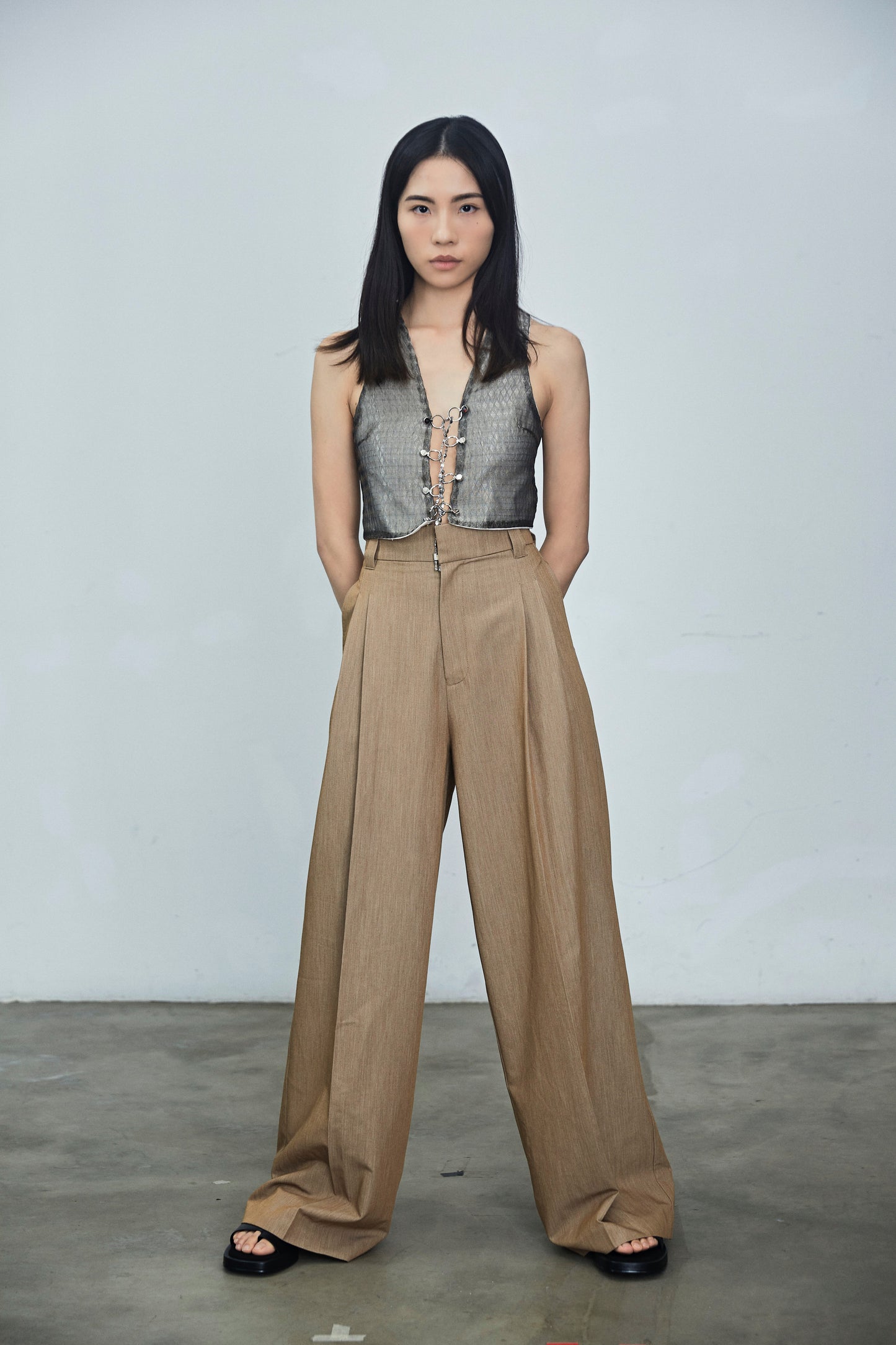 High waisted belted wide leg trousers