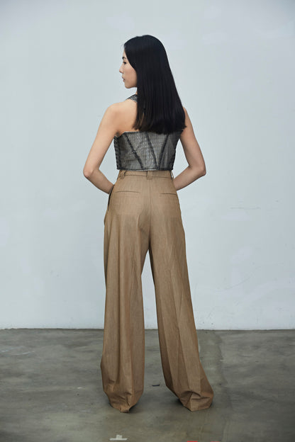 High waisted belted wide leg trousers