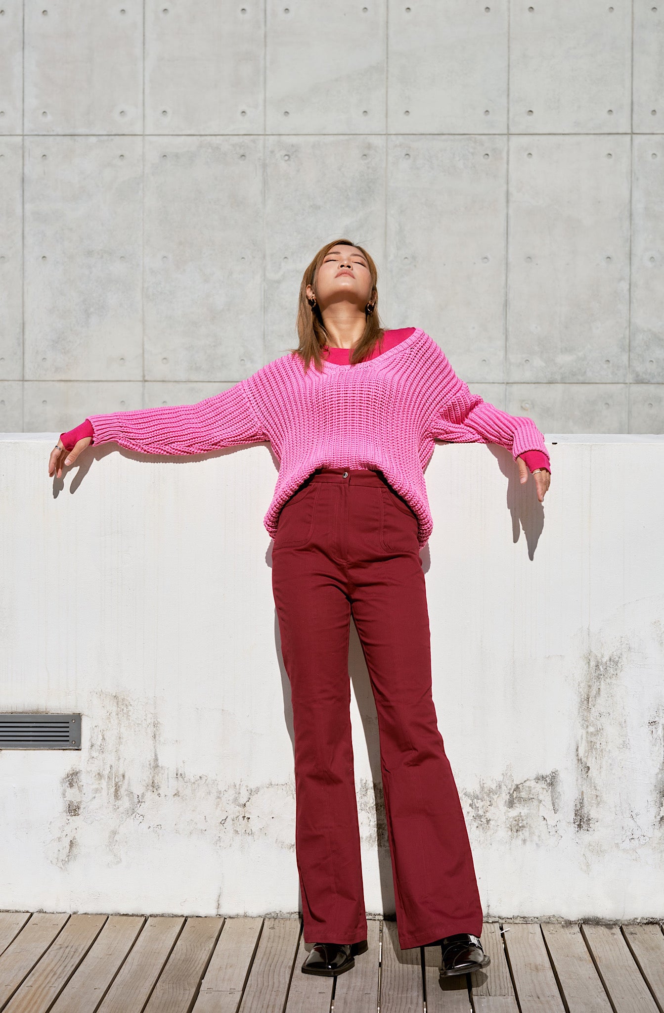 Red boot cut pants